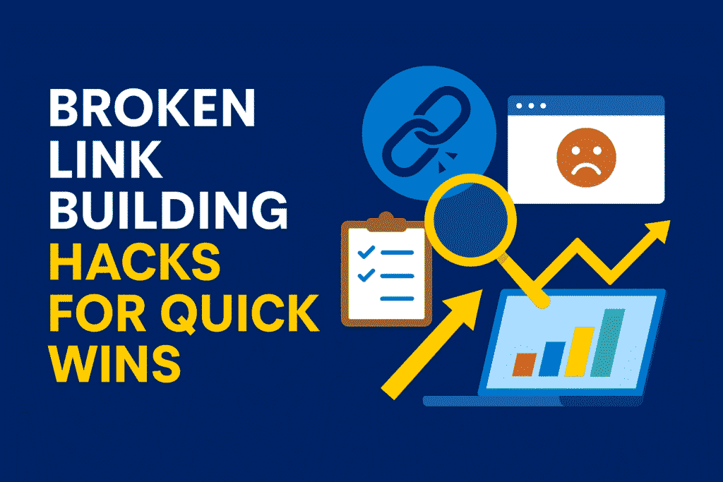 Flat-design digital illustration depicting "Broken Link Building Hacks for Quick Wins," showing a broken chain link being repaired with tools, surrounded by SEO-related icons like graphs, search bars, and website elements on a blue background.