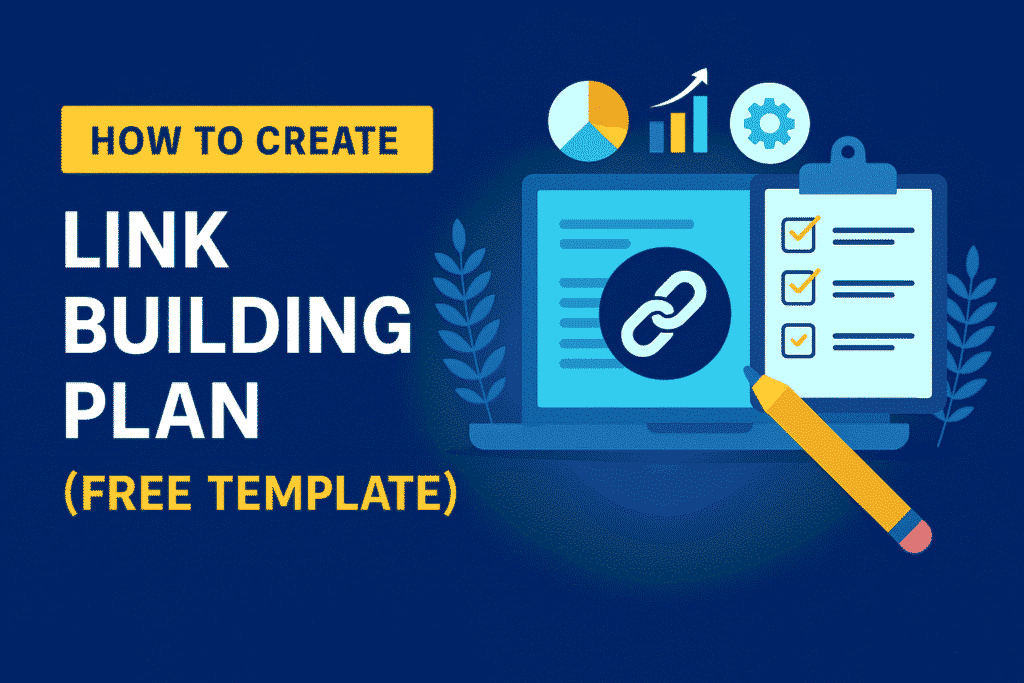 Flat-style digital illustration featuring a dark blue background with the title 'How to Create Link Building Plan (Free Template)' in bold white and yellow text. On the right, a laptop displays a chain link icon and digital charts. Beside it, a clipboard checklist and yellow pencil symbolize planning and strategy.
