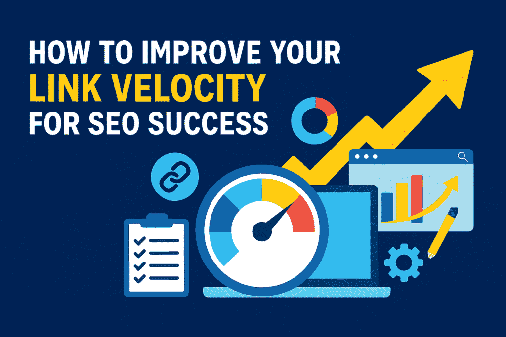 Flat-style digital illustration with a dark blue background featuring the title 'How to Improve Your Link Velocity for SEO Success' in bold white and yellow text. The design includes a large speedometer, an upward yellow arrow, a clipboard checklist, a link icon, and a laptop displaying a colorful bar chart, symbolizing growth, speed, and SEO optimization.