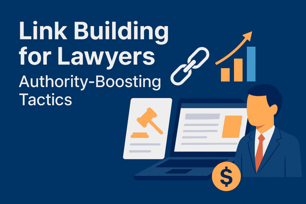 Illustration of legal-themed link building showing a law book, courthouse building, laptop with SEO analytics, and connected chains symbolizing backlinks for lawyers.