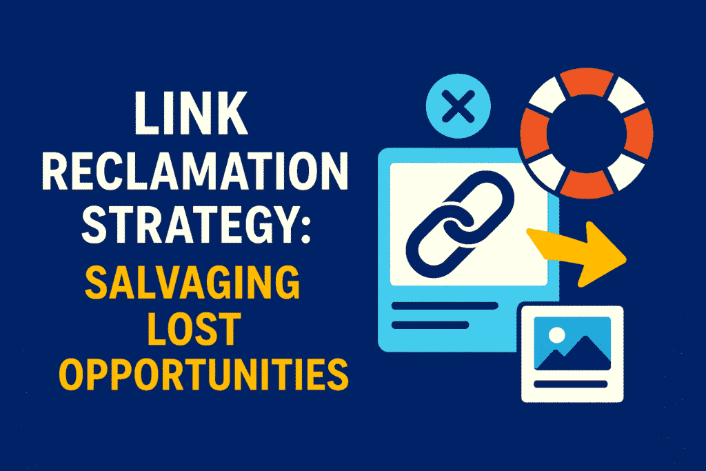 Flat-style digital illustration showing a magnifying glass examining broken or missing links on a webpage, symbolizing a link reclamation strategy to recover lost backlink opportunities.