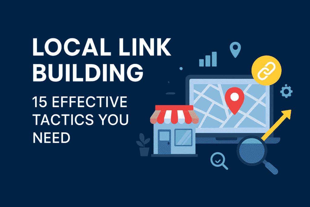 Flat-style digital illustration with a dark blue background featuring the title 'Local Link Building: 15 Effective Tactics You Need' in bold white and yellow text. The design includes a map with location pins, a magnifying glass, a laptop displaying charts, and link icons, representing local SEO and link building strategies.