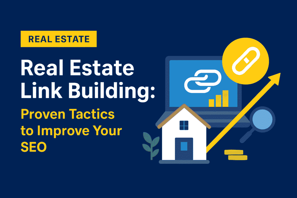 Flat-style digital illustration of real estate link building, featuring buildings, a laptop displaying SEO analytics, and link icons symbolizing proven tactics to improve SEO in the property market.