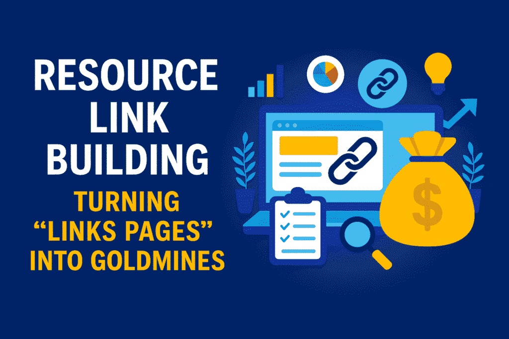 Flat-style digital illustration with a dark blue background showing a magnifying glass examining a “Links Page” on a computer screen, symbolizing resource link building and transforming it into valuable backlinks.