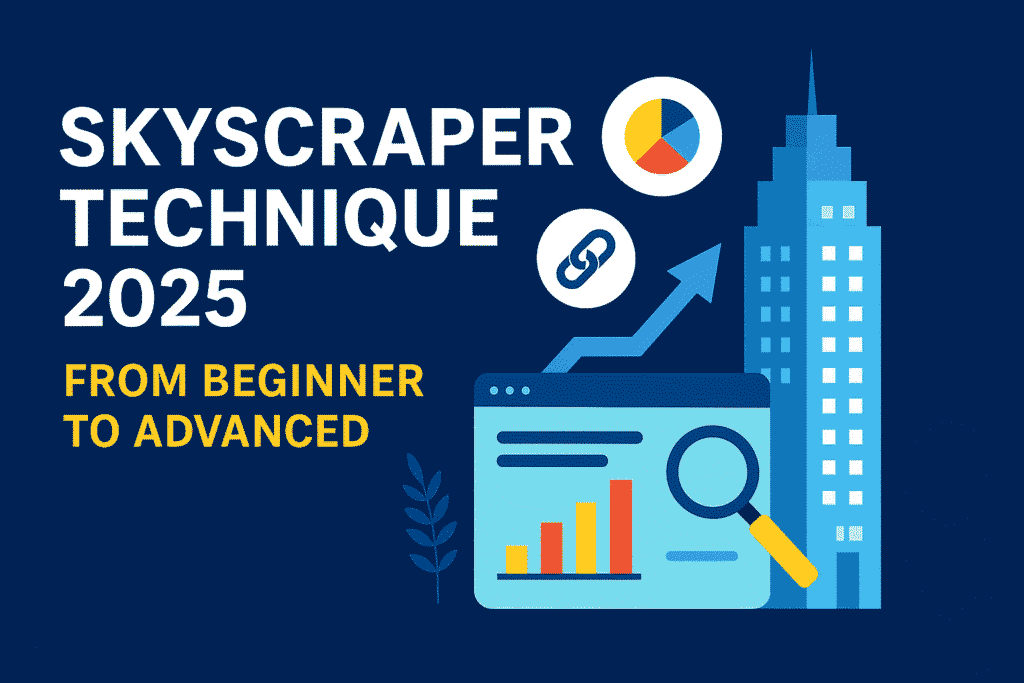 Flat-style digital illustration with a dark blue background featuring the title 'Skyscraper Technique 2025: From Beginner to Advanced' in bold white and yellow text. A tall skyscraper graphic on the right is accompanied by an upward arrow, a browser window with a bar chart and magnifying glass, and circular icons representing link building and analytics.
