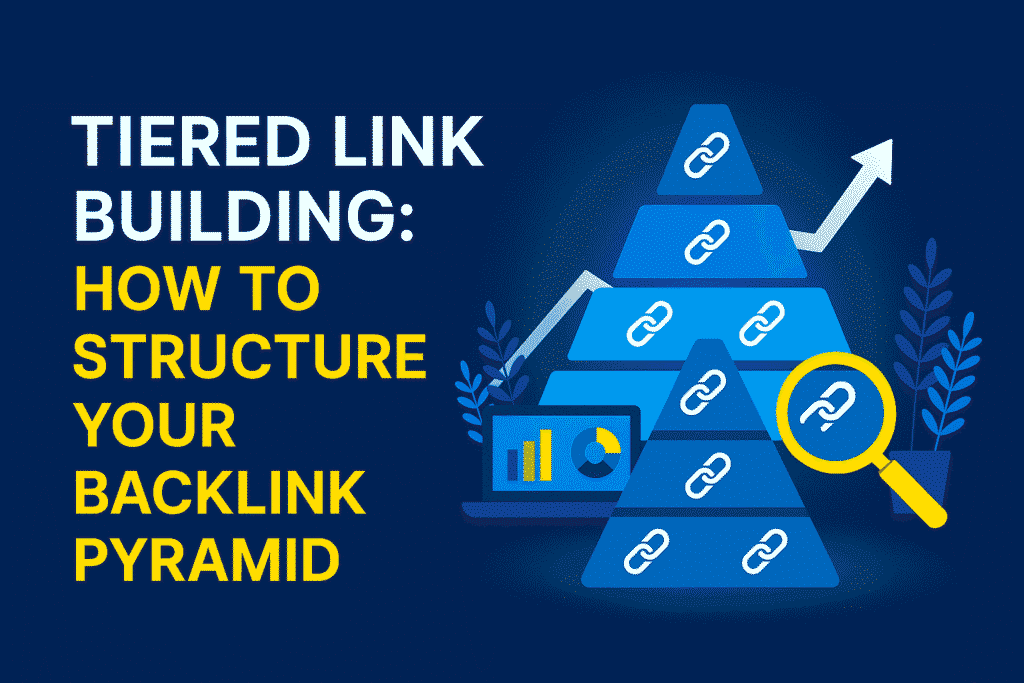 Flat-style digital illustration with a dark blue background featuring the title 'Tiered Link Building: How to Structure Your Backlink Pyramid' in bold white and yellow text. On the right, a blue pyramid with link icons represents backlink tiers, accompanied by a magnifying glass, laptop with charts, and upward-pointing arrow to symbolize strategy and growth.