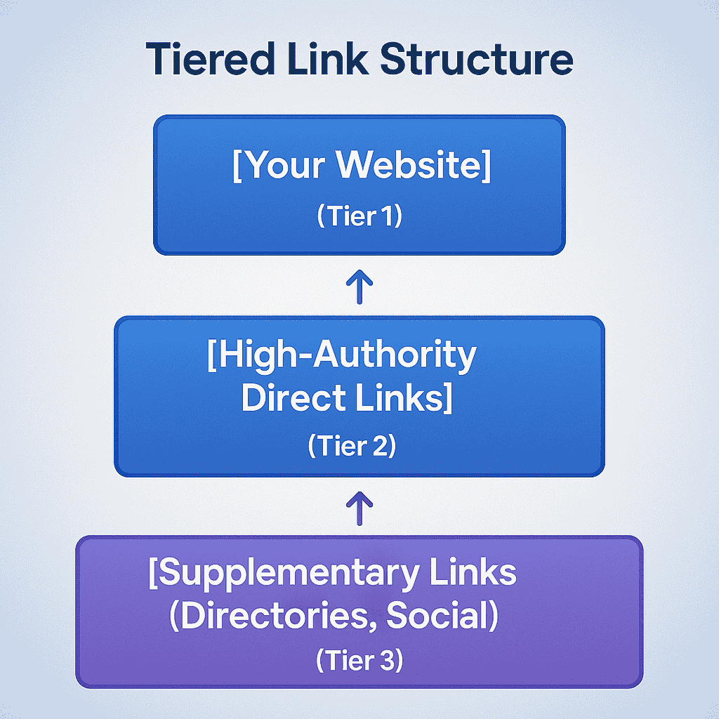 A visually appealing 2D infographic illustrating a tiered link structure for SEO. It features three gradient-colored boxes stacked vertically, each labeled with a tier. From bottom to top: 'Supplementary Links (Directories, Social)' as Tier 3 in purple, 'High-Authority Direct Links' as Tier 2 in blue, and '[Your Website]' as Tier 1 in light blue. Arrows point upward between each tier, indicating the flow of link authority. The background has a soft blue gradient, and the title 'Tiered Link Structure' is displayed at the top.