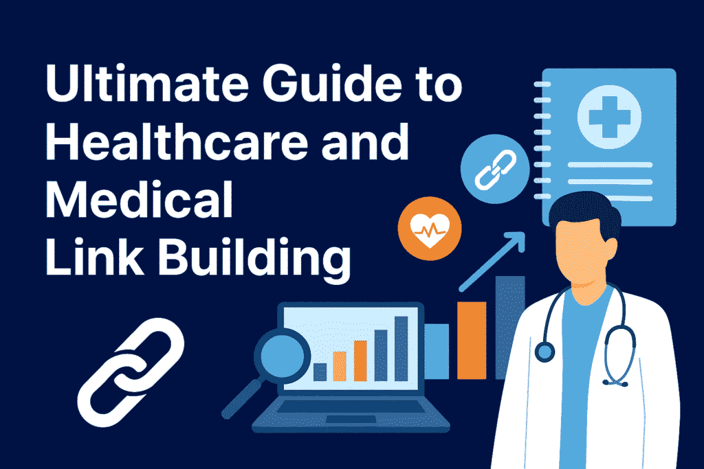 Flat-style illustration showing healthcare link building with medical icons, digital devices, and interconnected links representing SEO strategies in the healthcare industry.