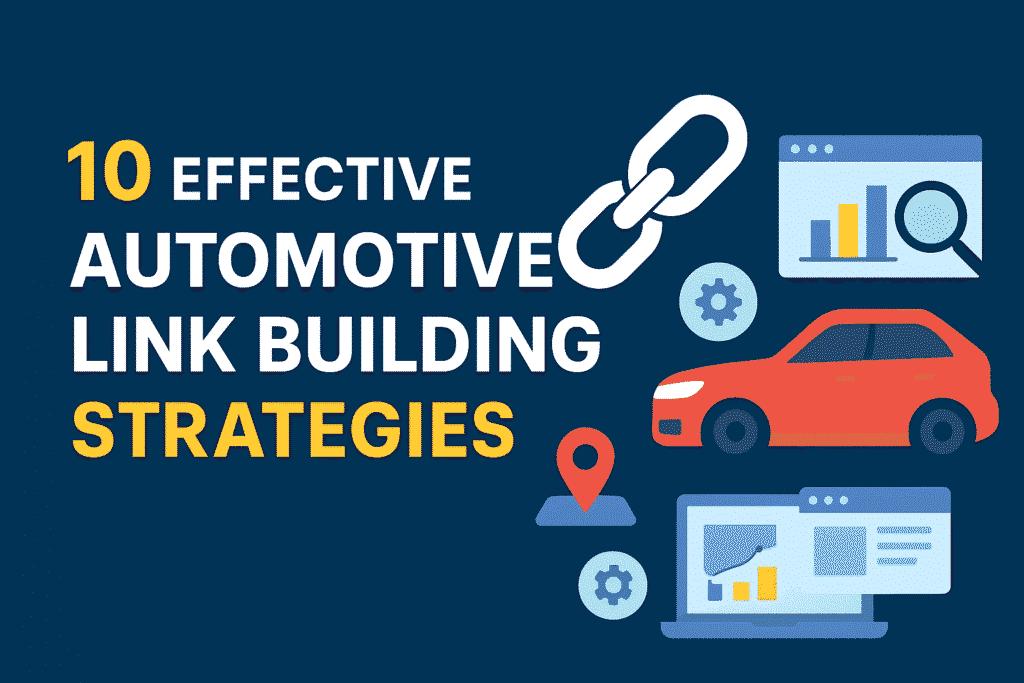 A flat-design digital illustration representing automotive link building strategies, featuring interconnected chain links, gears, and a car icon symbolizing the automotive industry and SEO growth.