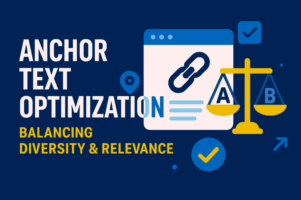 Flat-style digital illustration with the headline “Anchor Text Optimization: Balancing Diversity & Relevance,” featuring chain links, text blocks, and SEO icons symbolizing balanced and strategic use of anchor text for backlinks.
