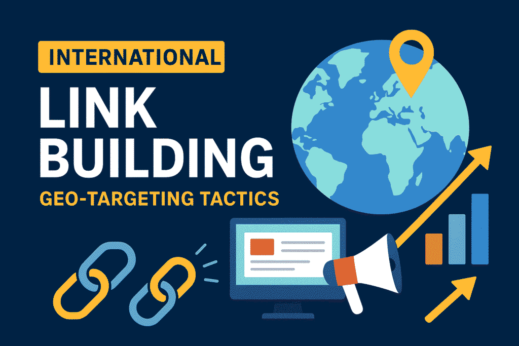 Flat-style digital illustration with a global theme showcasing “International Link Building: Geo-Targeting Tactics,” featuring world map elements, location pins, and digital connection icons to represent worldwide SEO strategies.