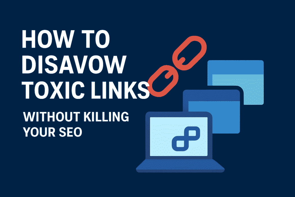 Flat-style digital illustration showing the concept of disavowing toxic backlinks for SEO. The image visually represents identifying and removing harmful links to protect website rankings, with icons of broken chains, link audits, and SEO analytics elements.