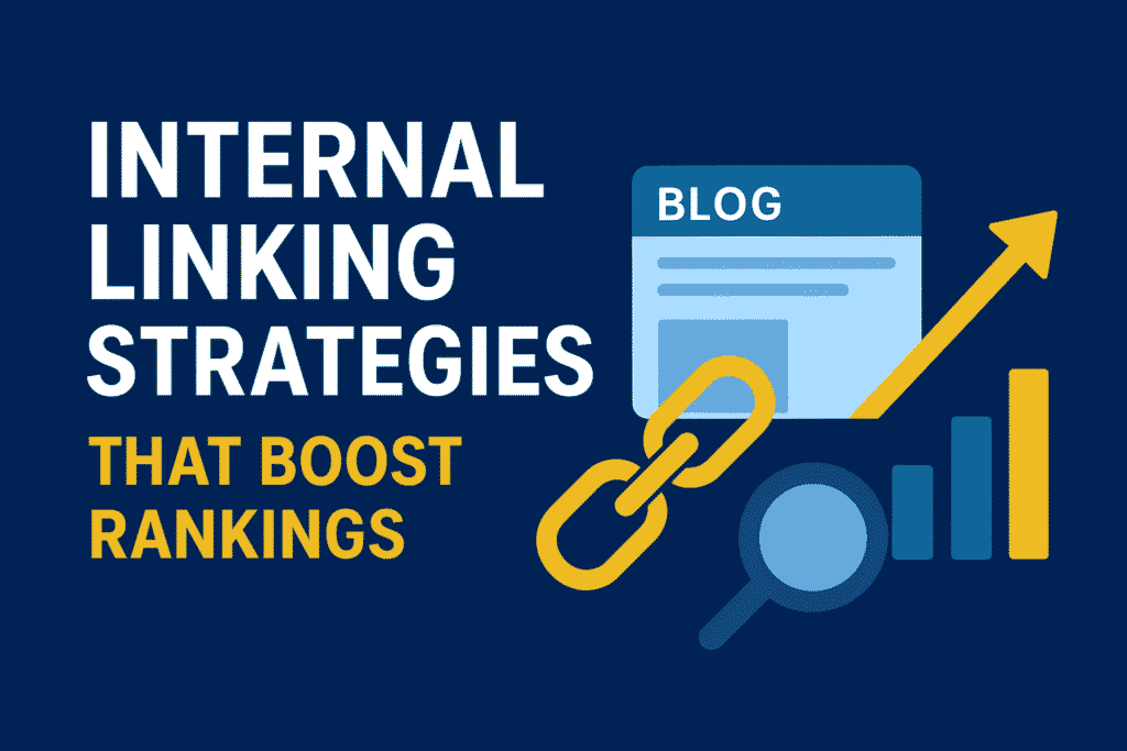 A flat-style digital illustration for an article titled “Internal Linking Strategies That Boost Rankings,” featuring interconnected web pages, arrows showing link flow, and SEO icons symbolizing improved website structure and ranking power.