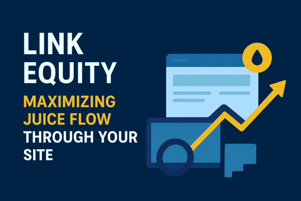 Flat-style digital illustration showing the concept of “Link Equity: Maximizing Juice Flow Through Your Site,” with flowing connection lines, SEO symbols, and website icons representing link authority and distribution across web pages.