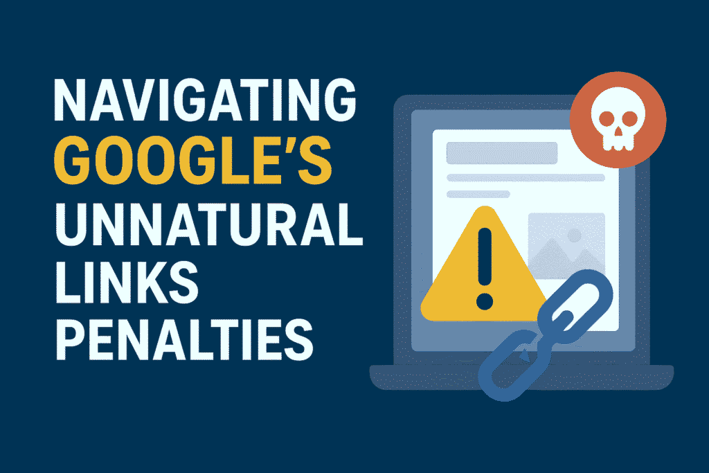 Illustration showing a website link chain with a warning sign and magnifying glass labeled ‘Google Penalty,’ symbolizing issues with unnatural backlinks and SEO penalties.