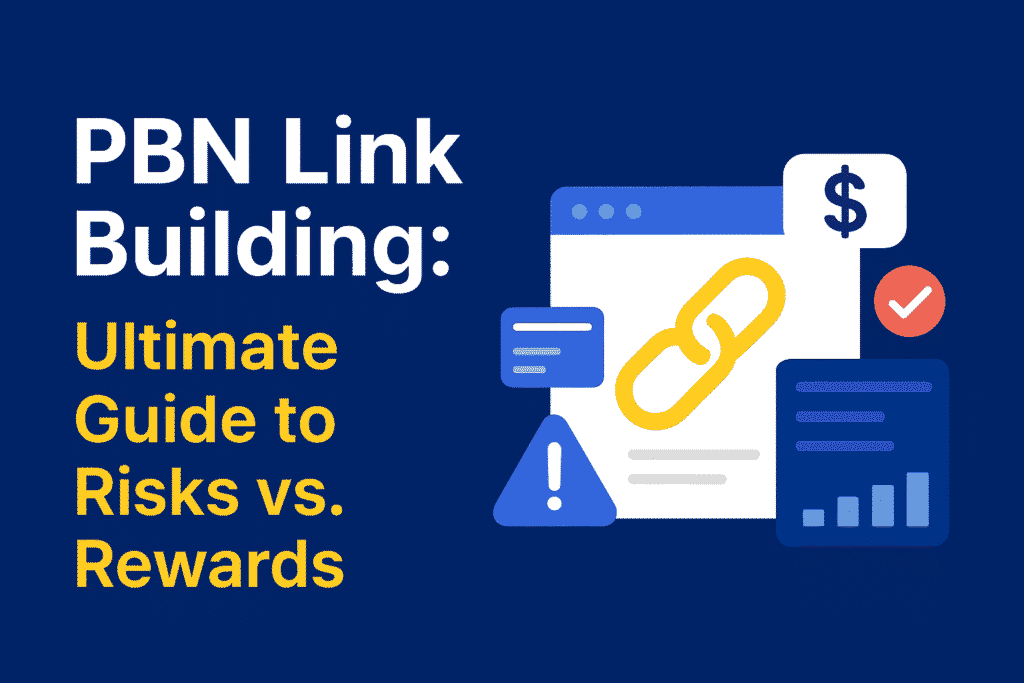 A flat-style SEO graphic showing the title “PBN Link Building: Ultimate Guide to Risks vs. Rewards” on a dark blue background, with illustrated icons including a chain link, warning triangle, dollar sign bubble, and analytics chart, representing the risks and benefits of PBN link building.