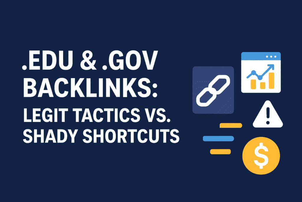 A dark blue featured graphic with bold text that reads “.EDU & .GOV Backlinks: Legit Tactics vs. Shady Shortcuts,” accompanied by flat-style icons including a link symbol, warning sign, growth chart, and dollar sign representing ethical and unethical backlinking methods.