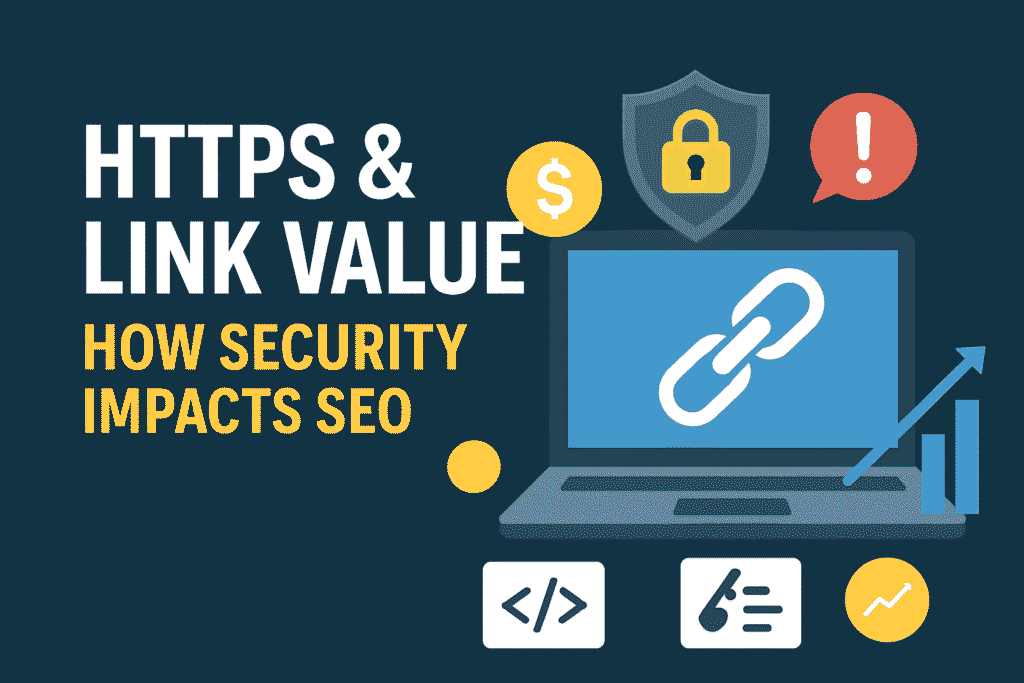 Flat-style digital illustration showing the title “HTTPS & Link Value: How Security Impacts SEO” with a laptop displaying a chain link icon, SSL padlock, warning symbol, code bubble, and upward graph, representing how HTTPS security influences link equity and search rankings.