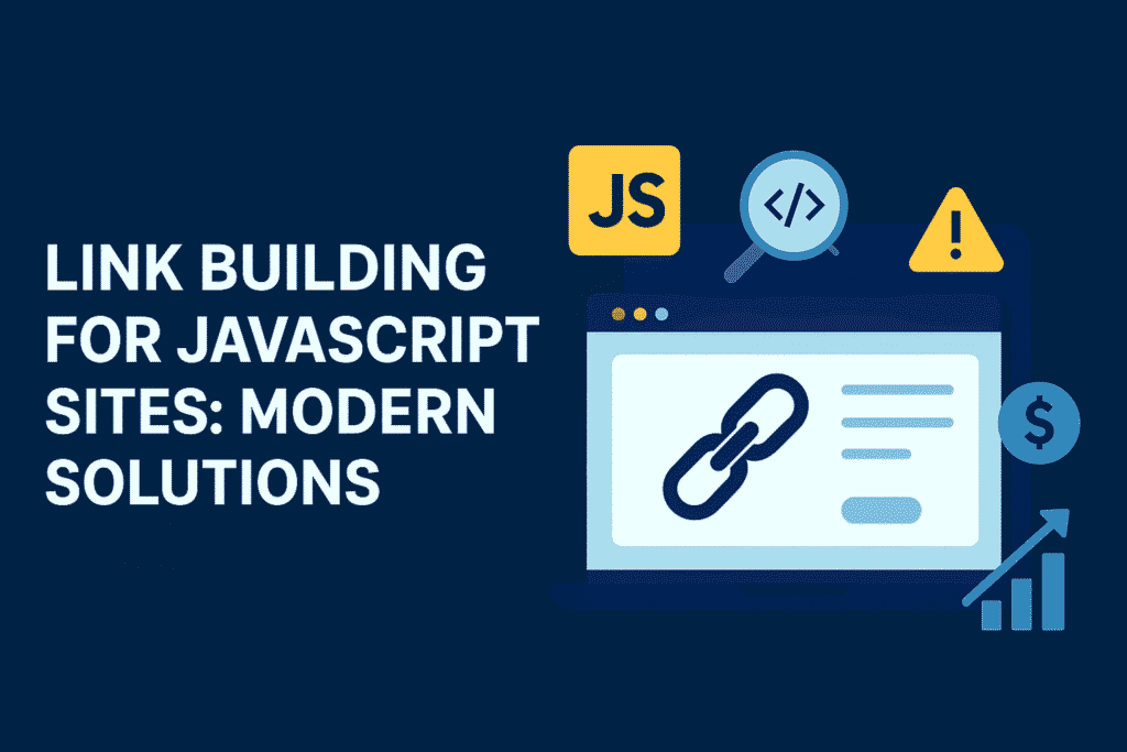 Flat-style digital illustration showing the title “Link Building for JavaScript Sites: Modern Solutions” beside a laptop screen with a chain link icon, JavaScript logo, coding symbol, warning icon, and growth chart, representing modern SEO and link-building strategies for JS-powered websites.