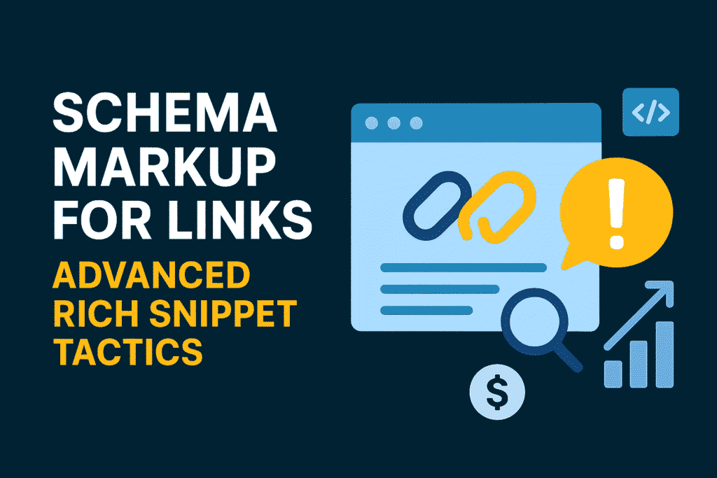 A flat-style digital illustration showing a browser window with linked chain icons symbolizing links, a magnifying glass representing SEO analysis, a warning bubble, code icon, dollar sign, and upward graph. The text on the left reads “Schema Markup for Links – Advanced Rich Snippet Tactics” on a dark blue background.